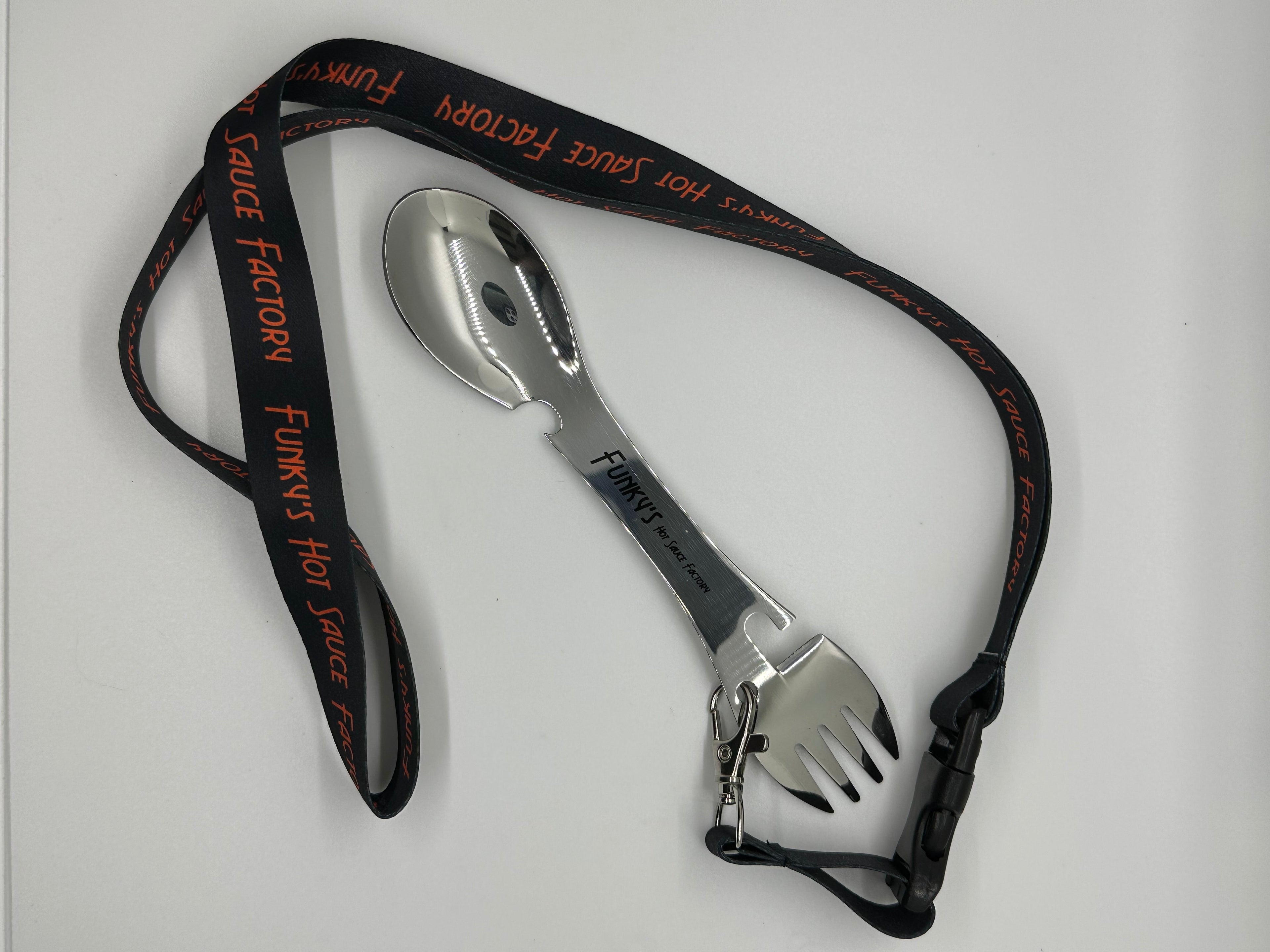 Funky's Hot Sauce Tasting spoon and lanyard